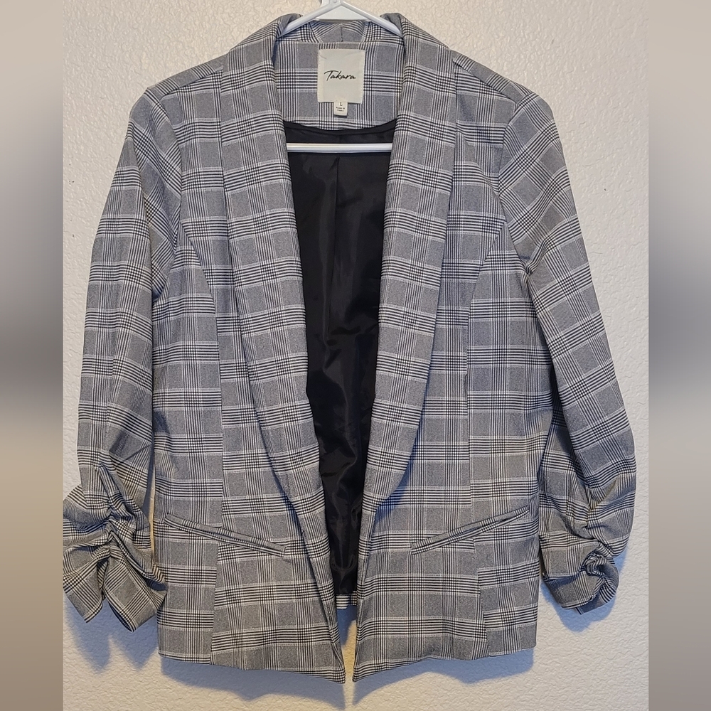 Tahari Gray Plaid Open-Front Blazer